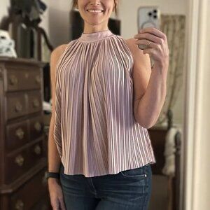 Atlein Mauve Plisse Pleated Turtleneck Sleeveless Pink Top Size 10
